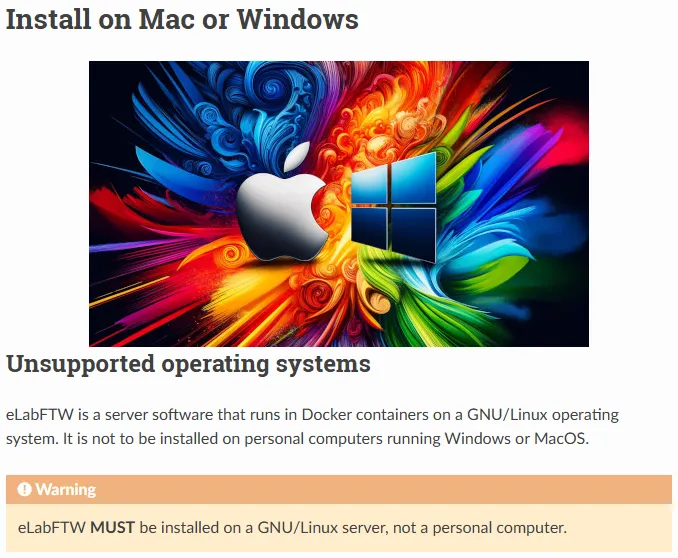 eLabFTW Windows 설치 및 Mac 설치에 대한 공식 안내